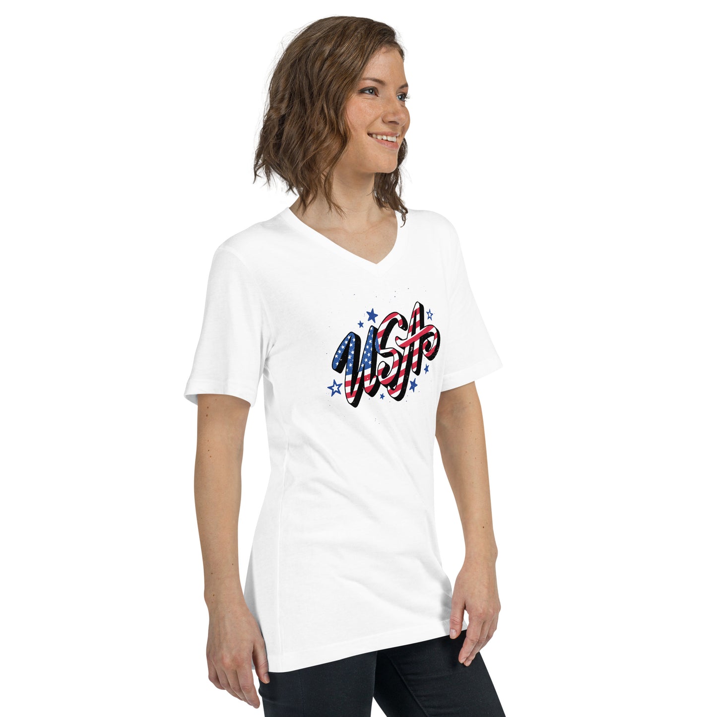T-shirt USA Unisexe à Manches Courtes et Col V